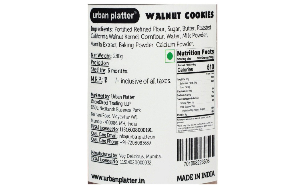 Urban Platter California Walnut Cookies    Plastic Jar  280 grams